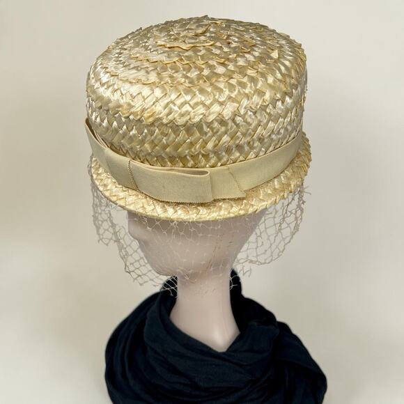 Vintage 1950s Birdcage Veil Cocktail Hat Jackie O Champagne Straw main image 4